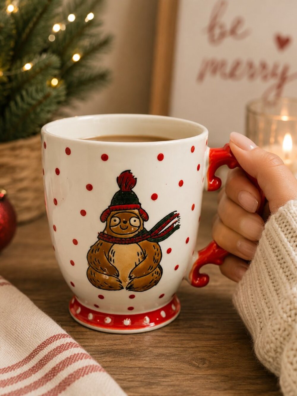 Festive Sloth Mug with Red Interior